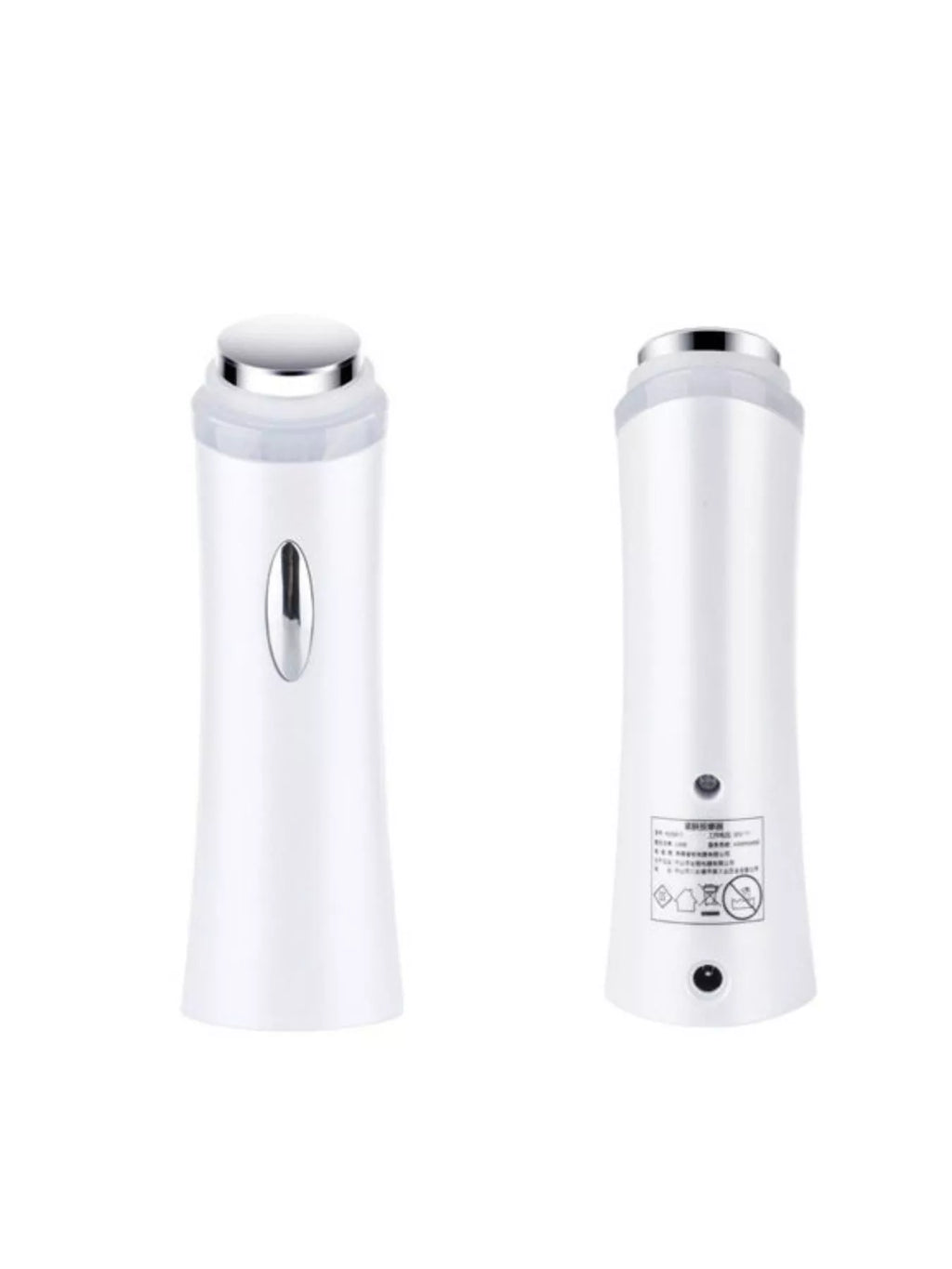 White beauty device front and back with chrome top, oval button, and indicator