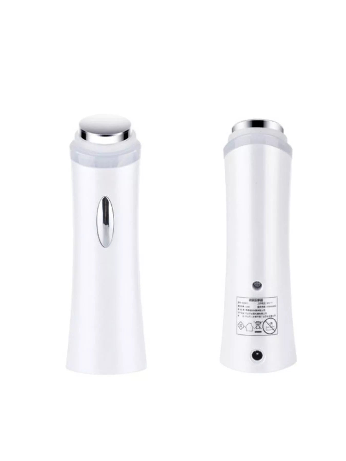 White beauty device front and back with chrome top, oval button, and indicator