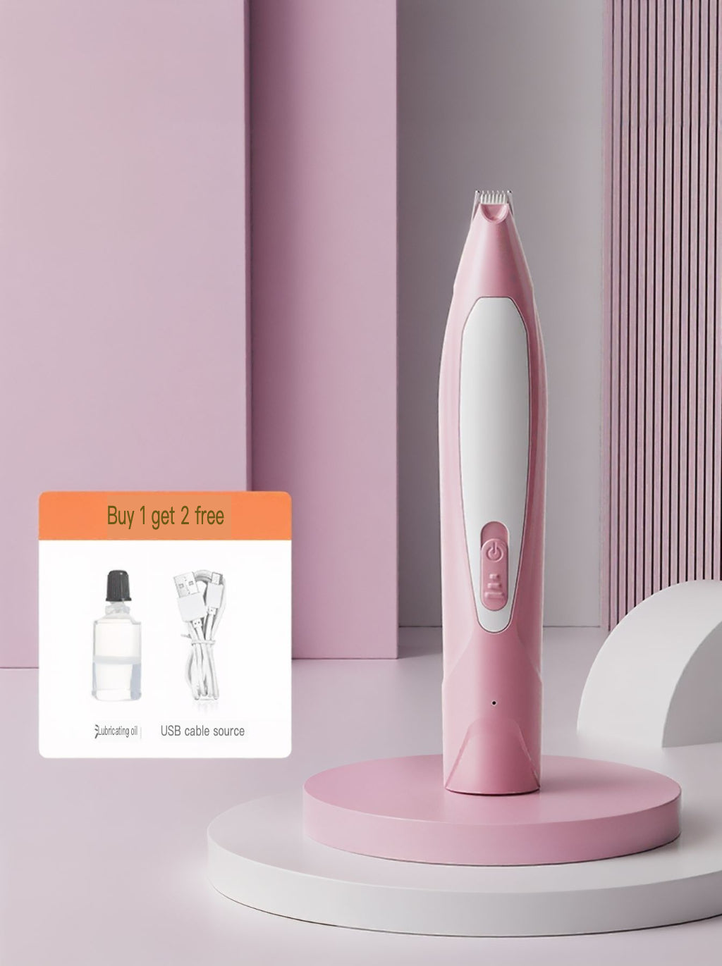 LED rechargeable pet paw trimmer in pink, standing upright