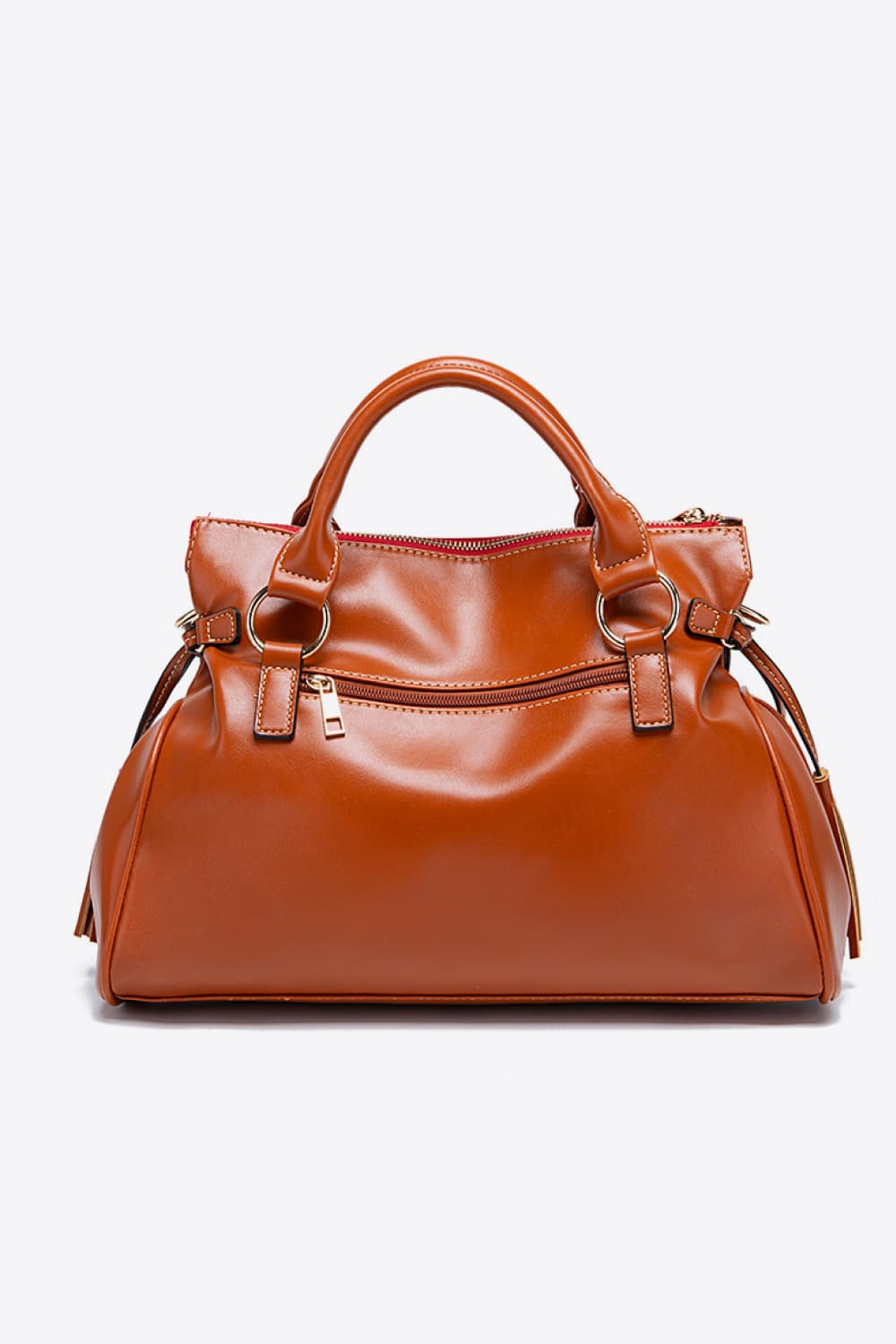PU-Leder-Handtasche, karamellbraun, Frontreißverschluss, kurze Griffe und Quastenanhänger