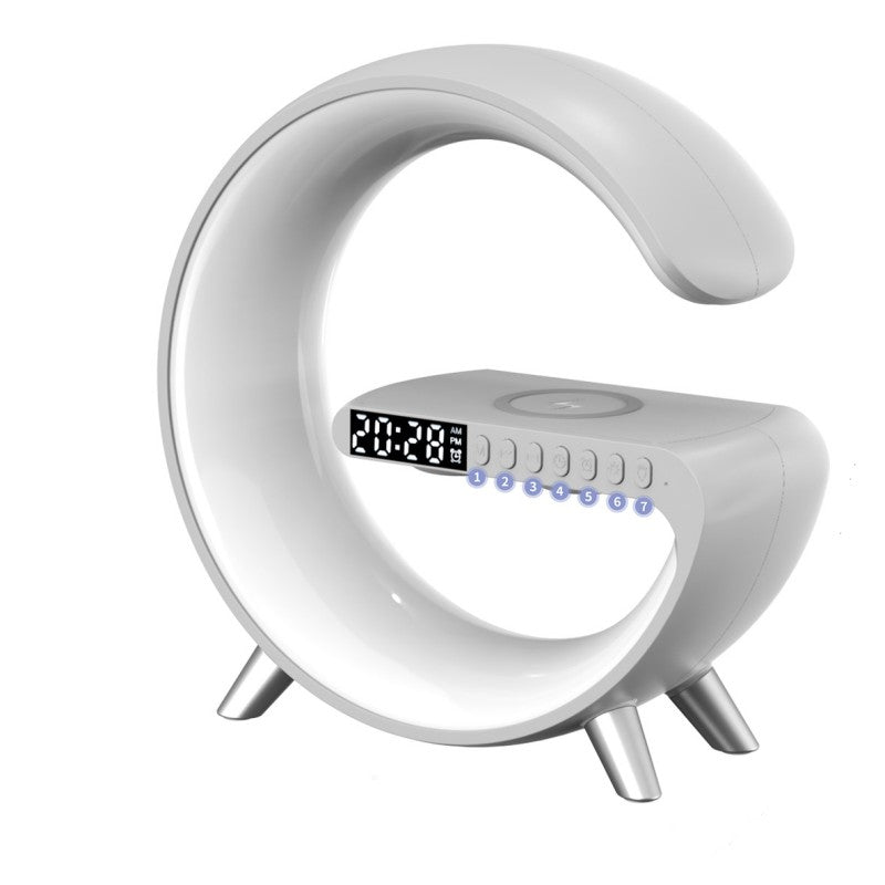 White G-shaped LED lamp with illuminated ring, digital display, and button panel.