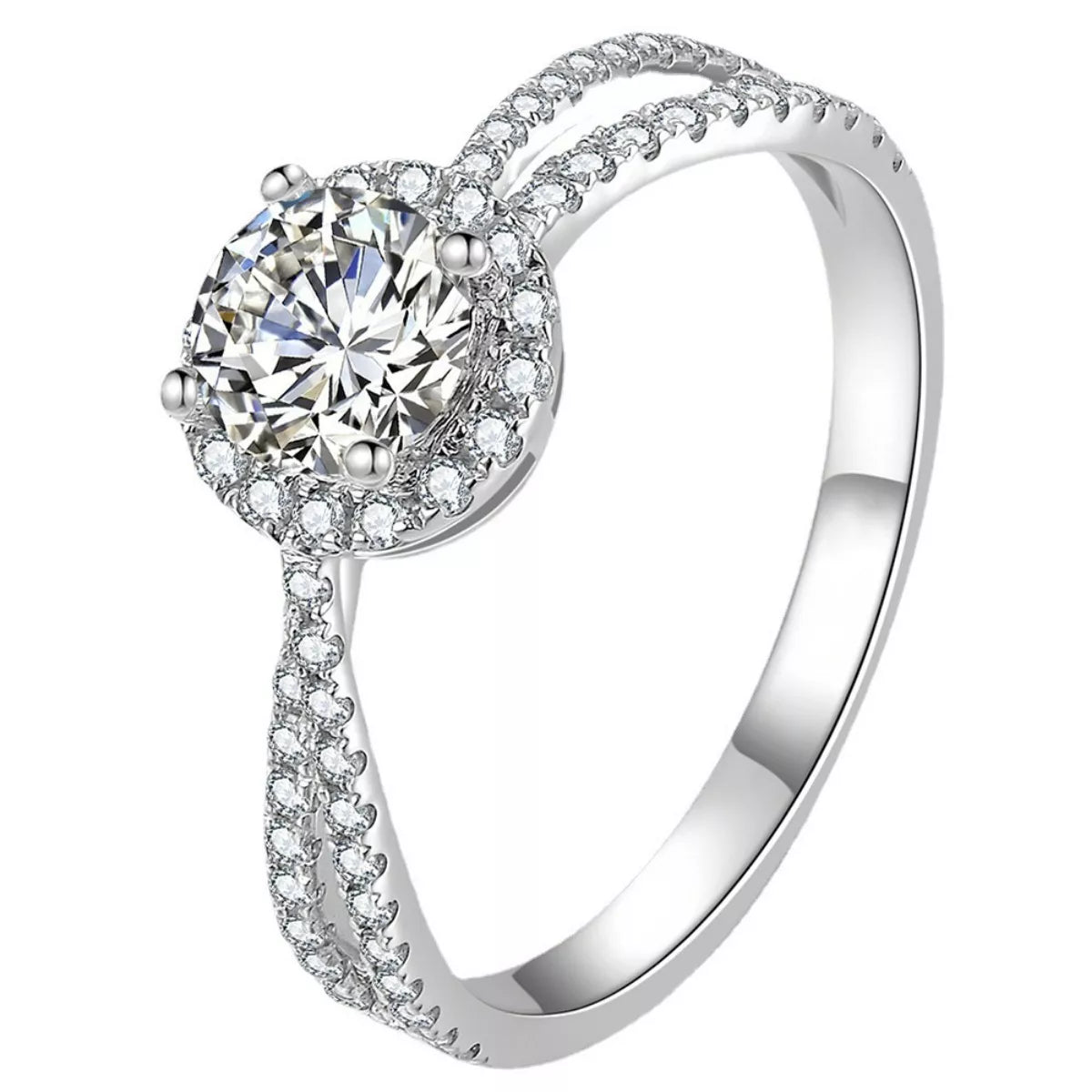 Silver 925 ring with large round moissanite, halo setting, and pavé side detail