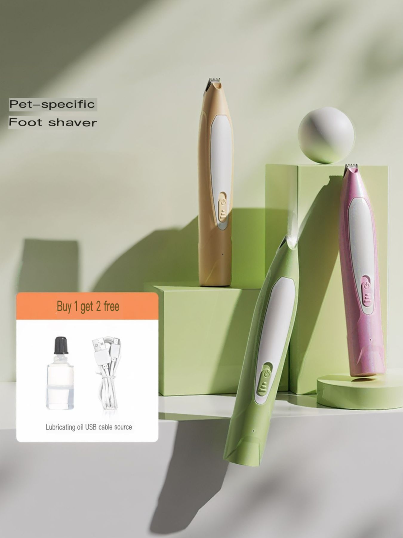 Pet paw trimmer set with light green and pink devices, rechargeable with LED
