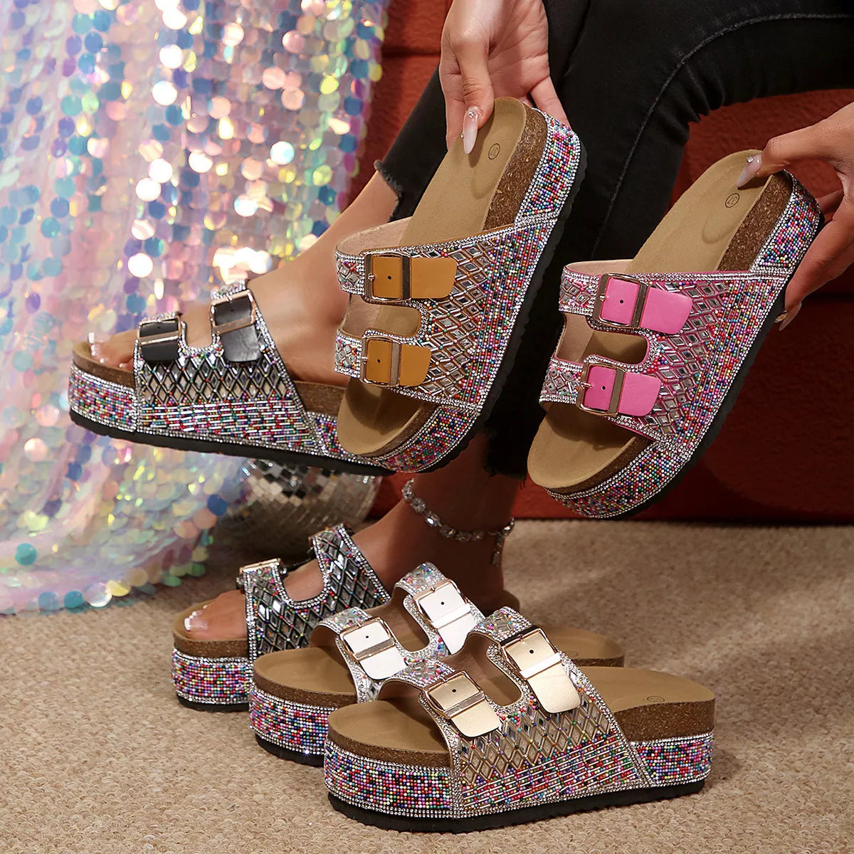 Rhinestone double buckle sandals with multicolor straps and silver buckles, platform wedge
