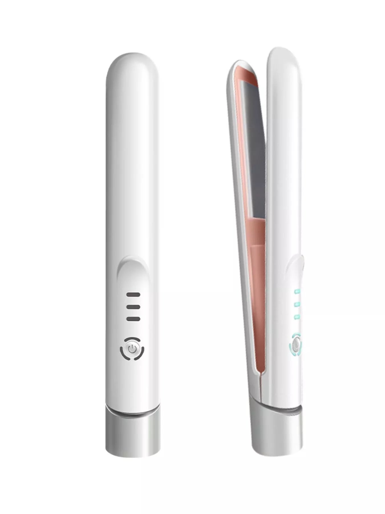 Portable cordless hair straightener, white with heat level buttons
