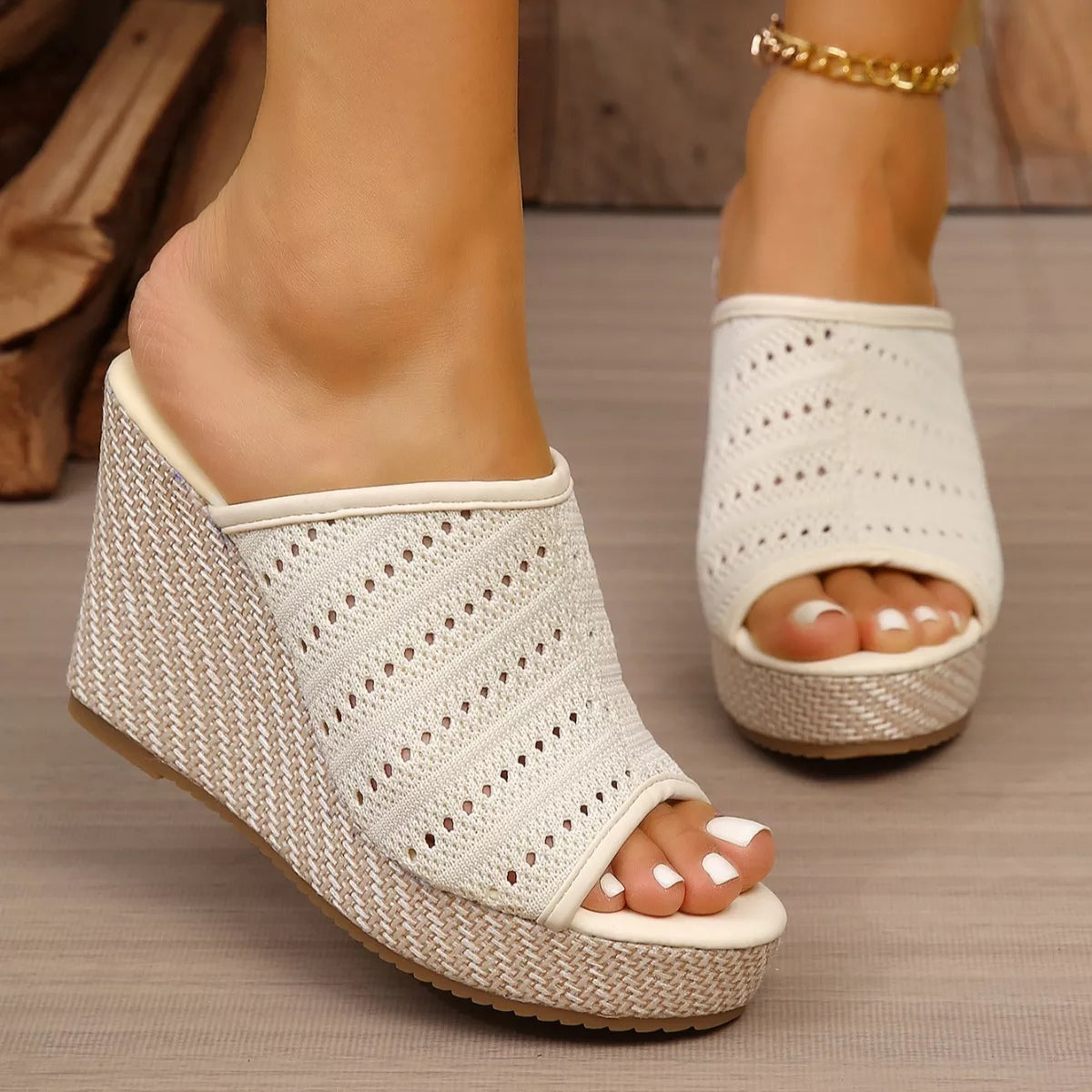 Open Toe Wedge Sandals Beige, open-toe wedge with perforated knit and textured heel