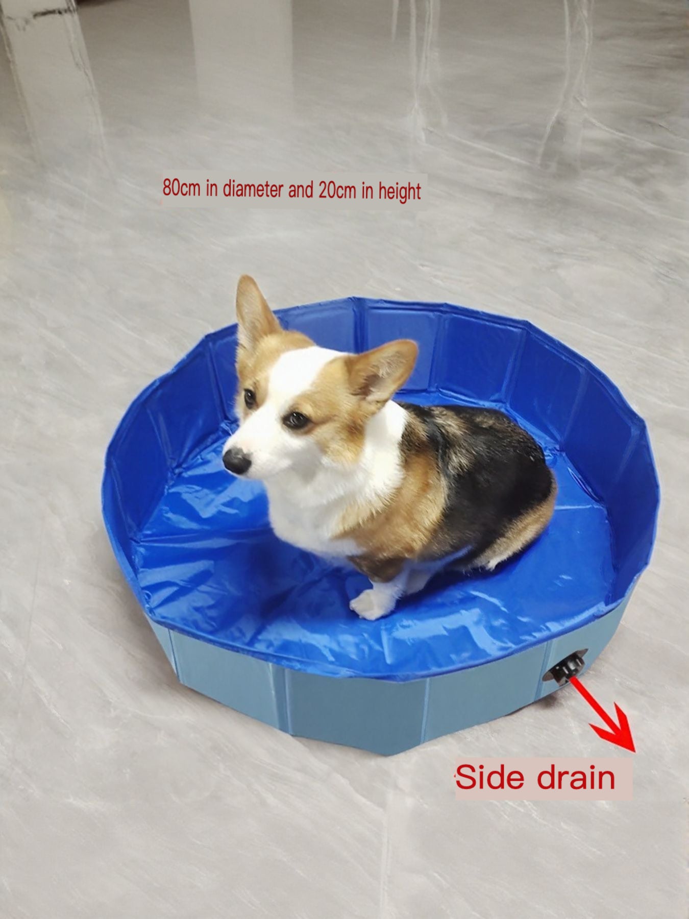 Foldable pet bath pool, blue; 80cm diameter x 20cm height; side drain