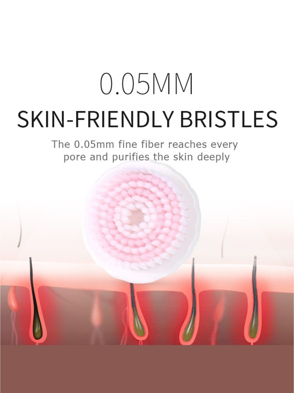 Close-up of 0.05mm skin-friendly bristles on pink cleansing head
