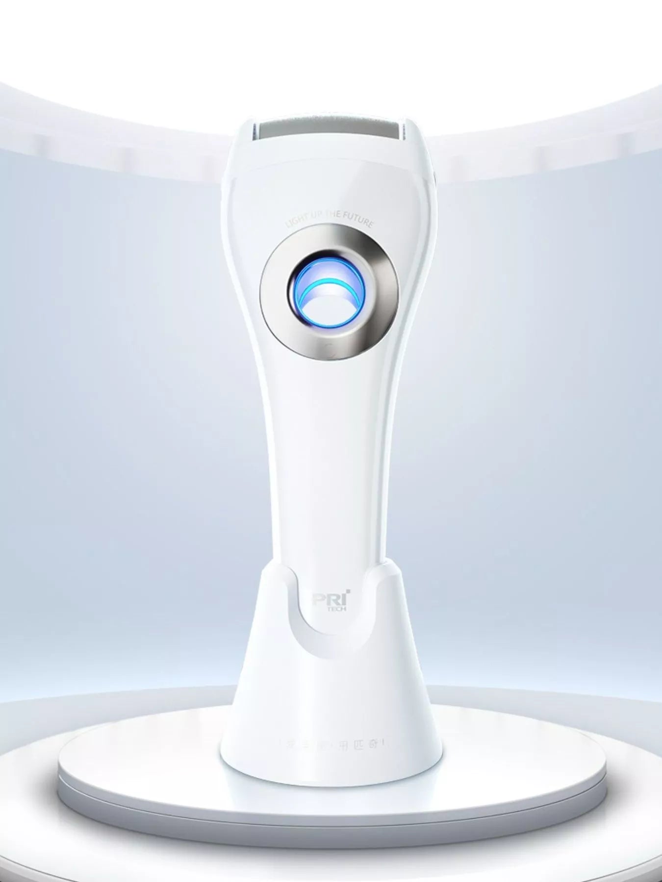 Electric foot nail buffer in white with blue LED ring on the handle