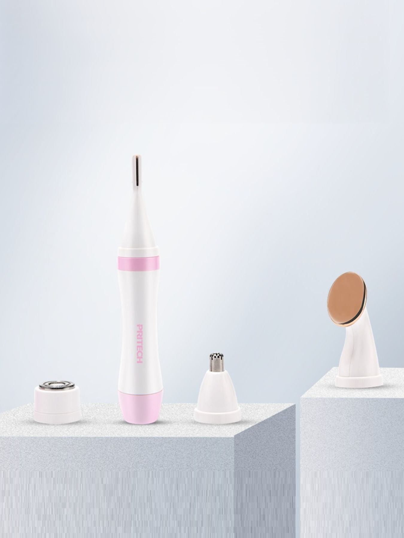 4-in-1 Nose Hair Trimmer with pink handle and multiple removable attachment heads