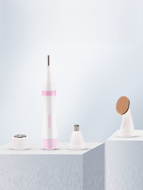 4-in-1 Nose Hair Trimmer with pink handle and multiple removable attachment heads