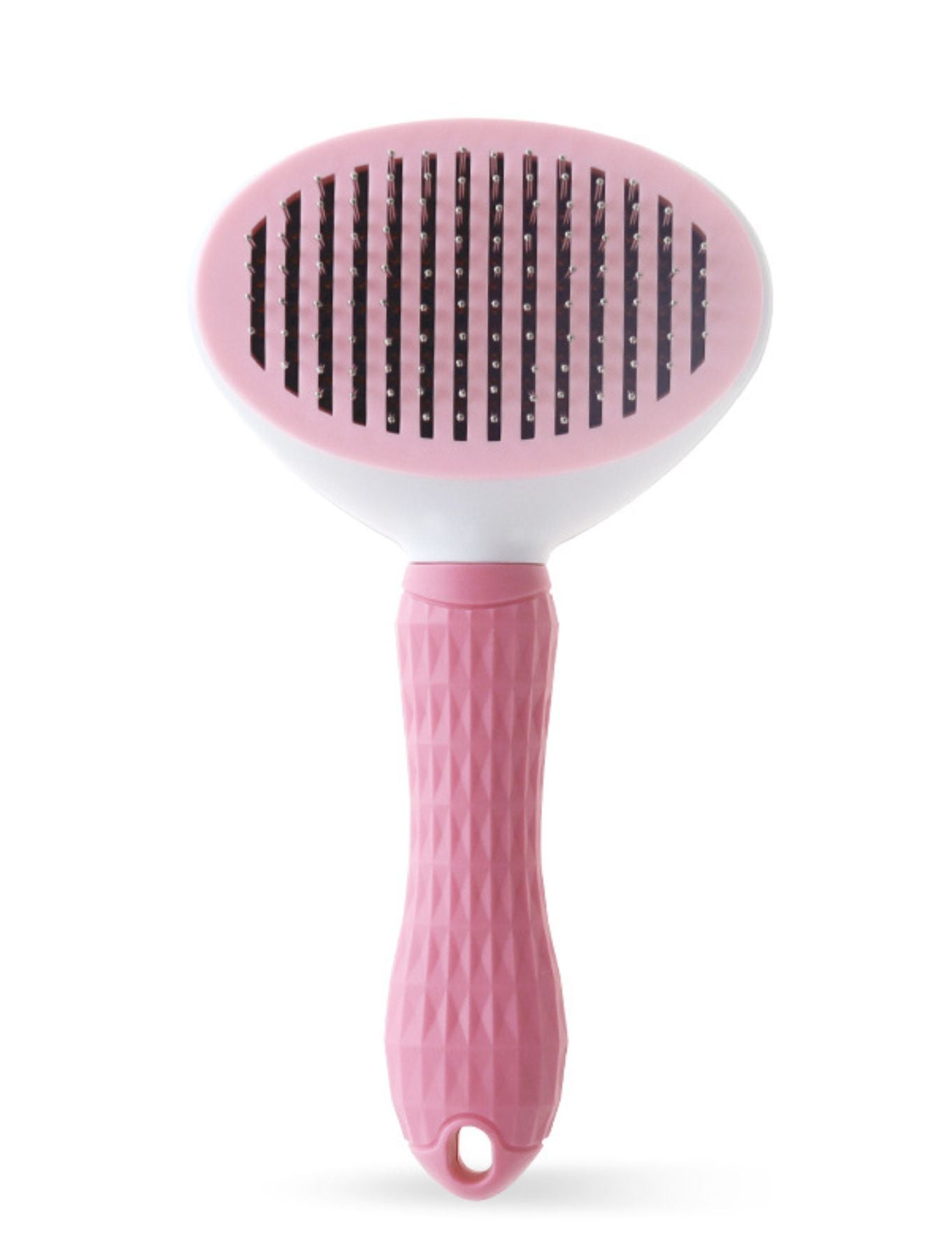 Pink plastic pet hair remover comb with oval head, metal bristles, and grip handle