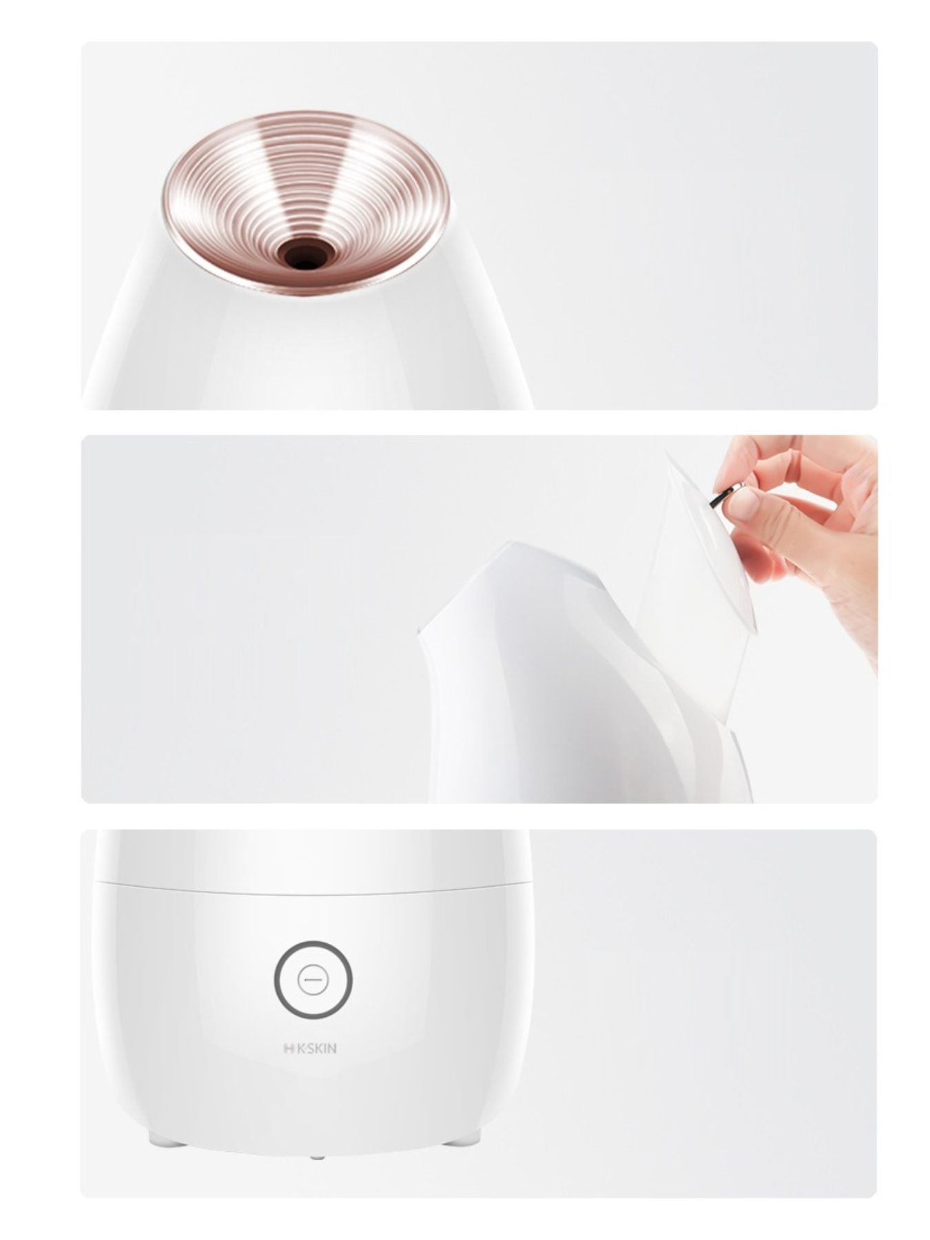 White facial steamer multi-view: rose-gold nozzle, side panel, power button