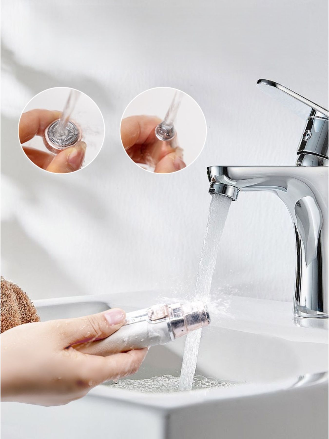 Beige trimmer head with protective cap, shown being rinsed under running water