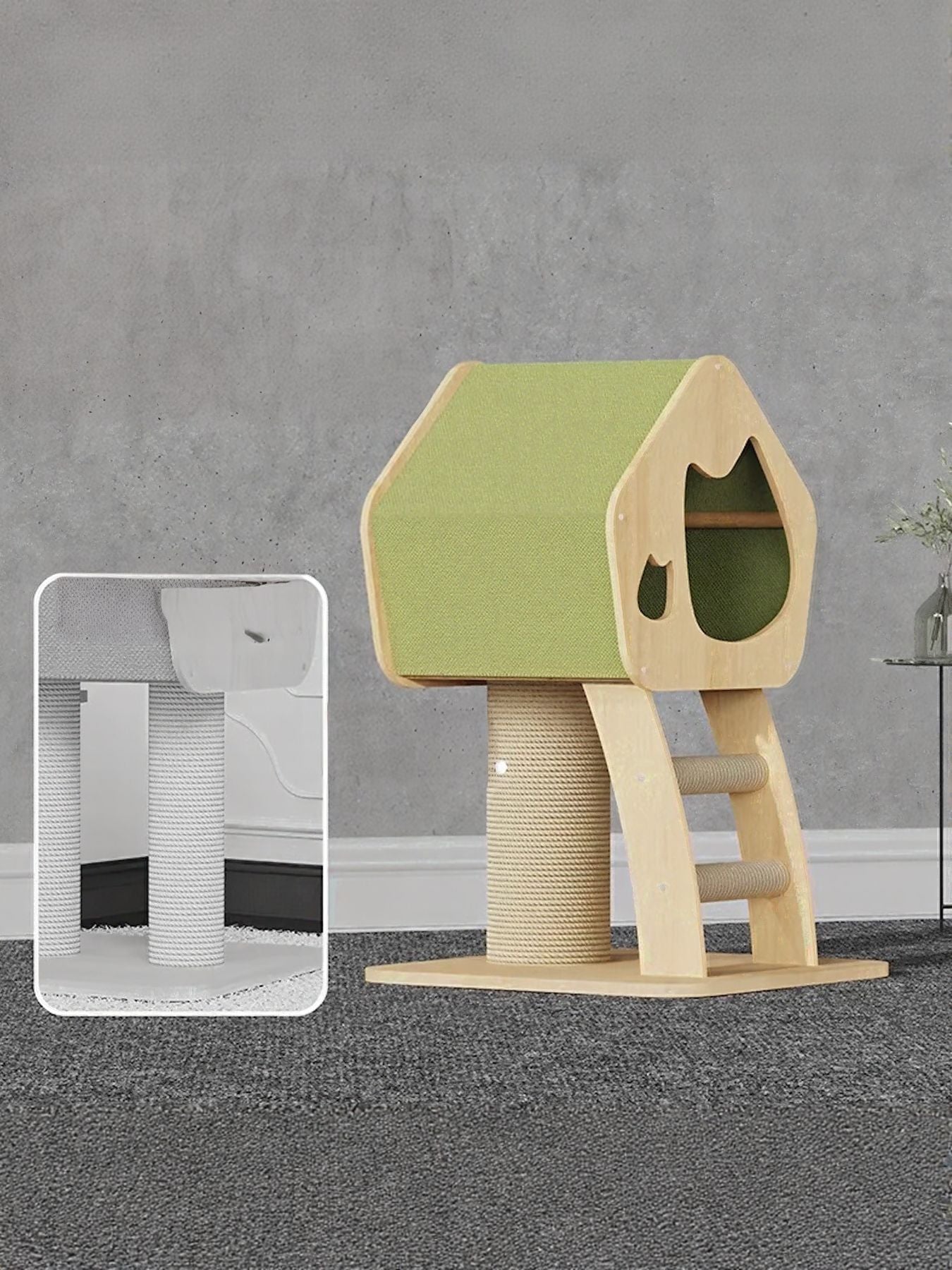 Wooden cat condo with green roof, enclosed pet house, and sisal scratching post; side view