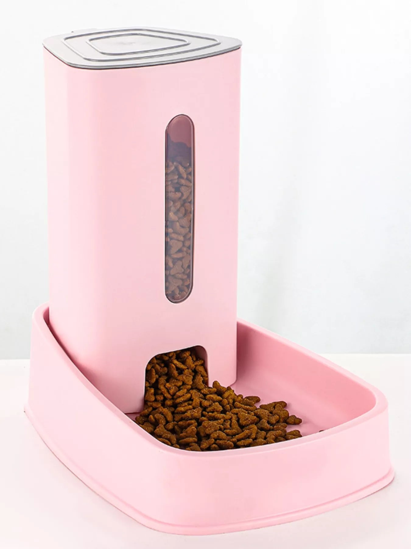 Automatic Food Dispenser Pet Bowl, Blush Pink; clear window and filled feeding tray