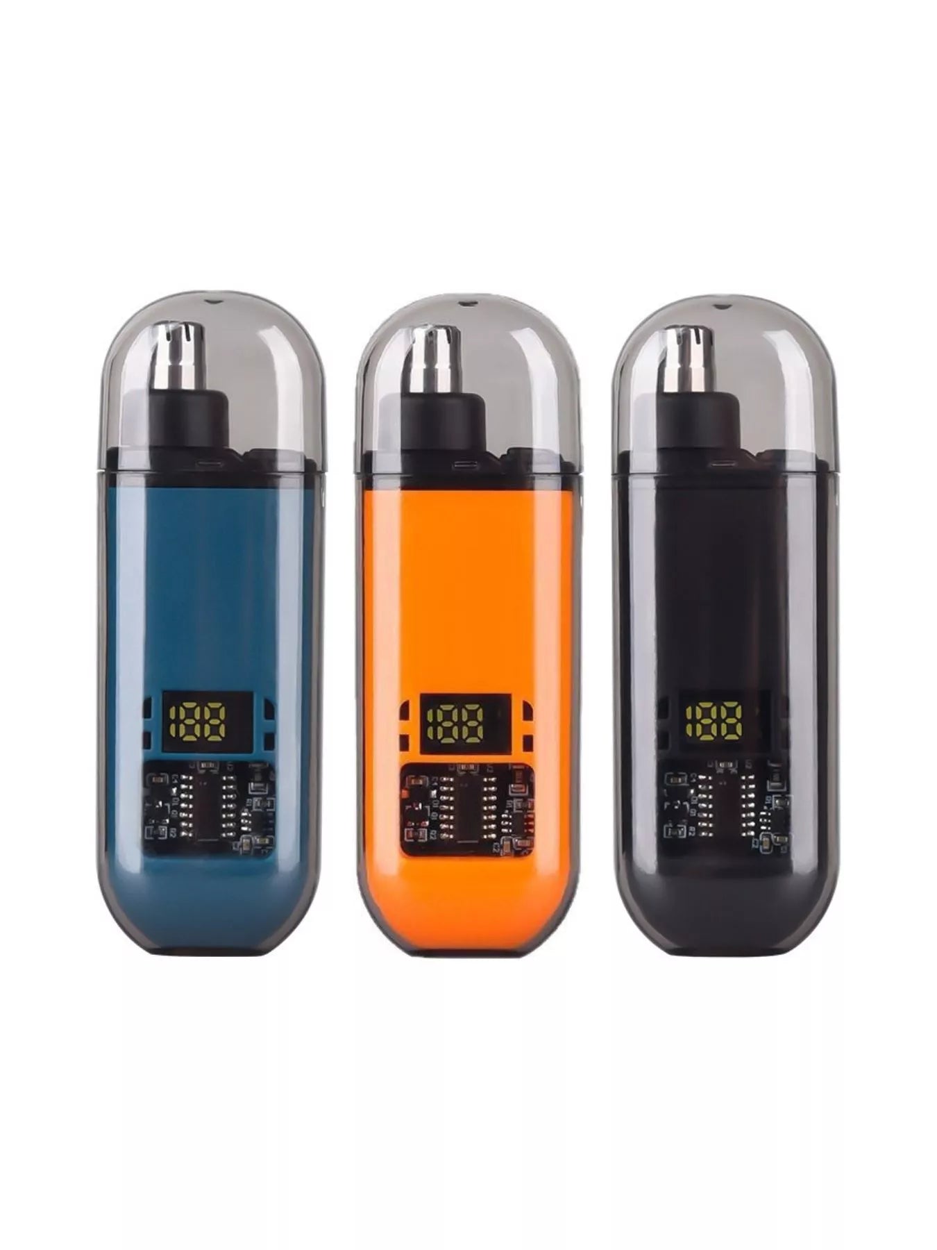Rechargeable LED nose hair trimmer set: blue, orange, and black versions