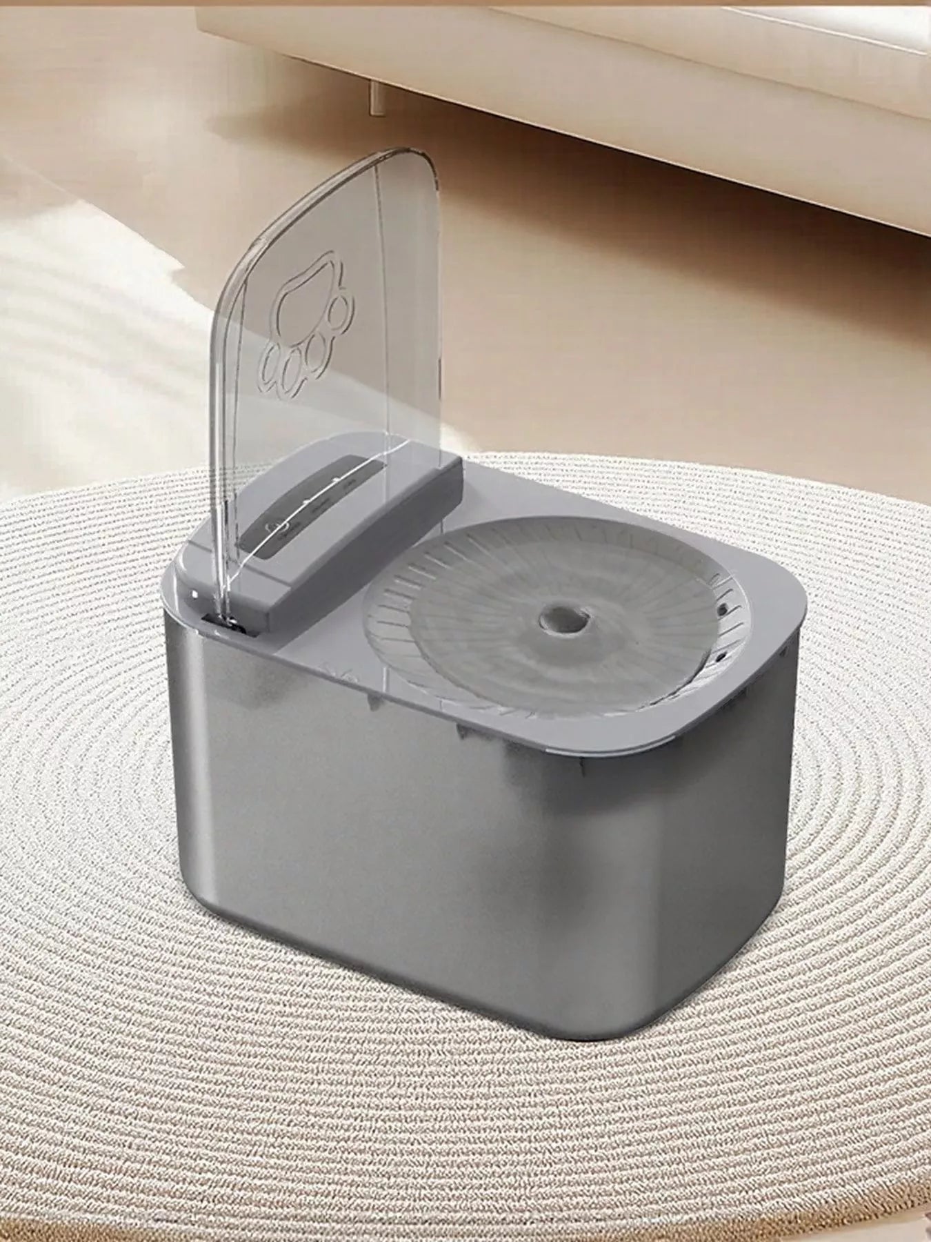 Automatic Pet Water Fountain – graues Gehäuse mit offenem Deckel und Rundfilter