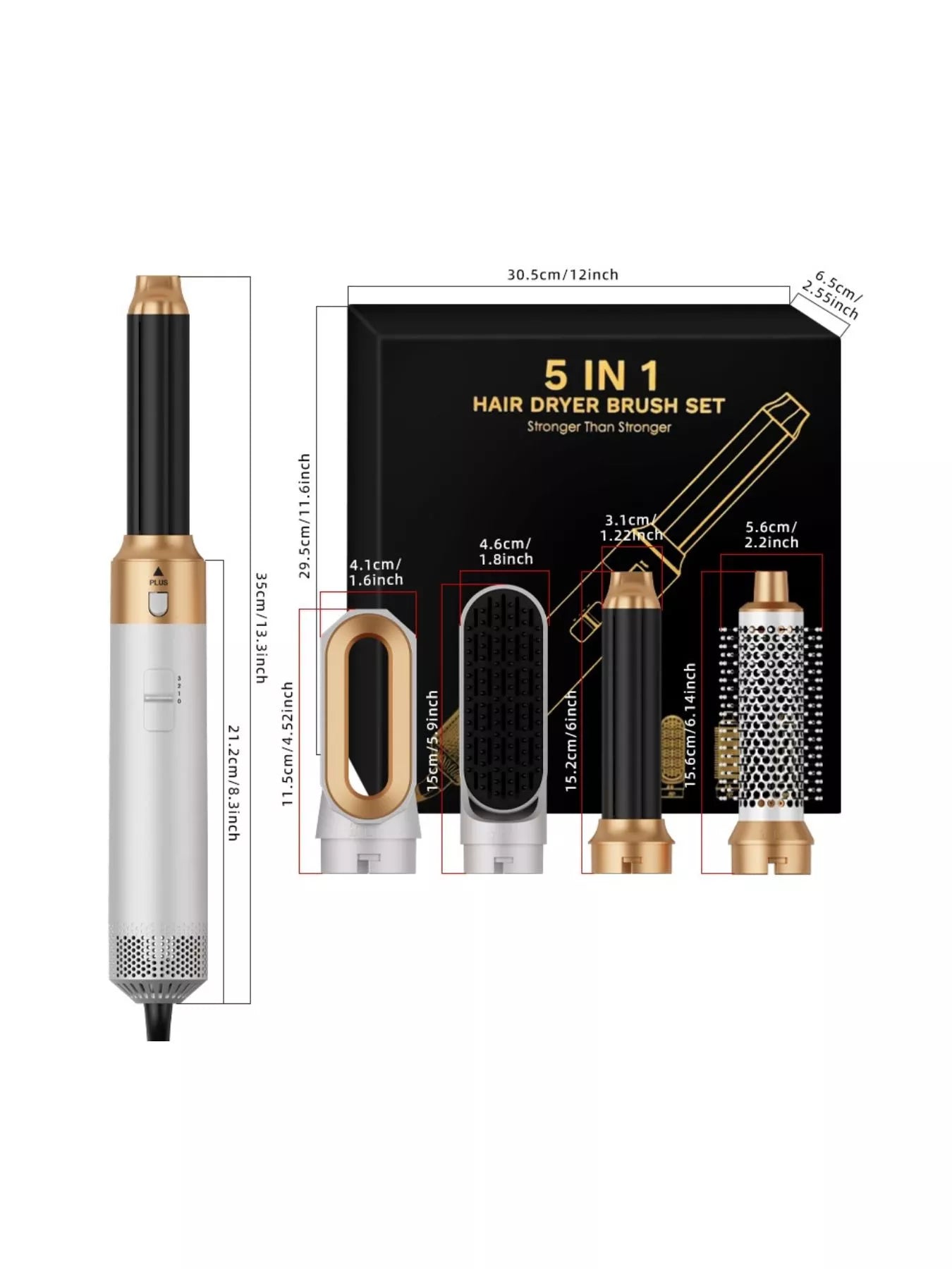 5-in-1 hot air brush set display with size diagram and white-and-gold handle
