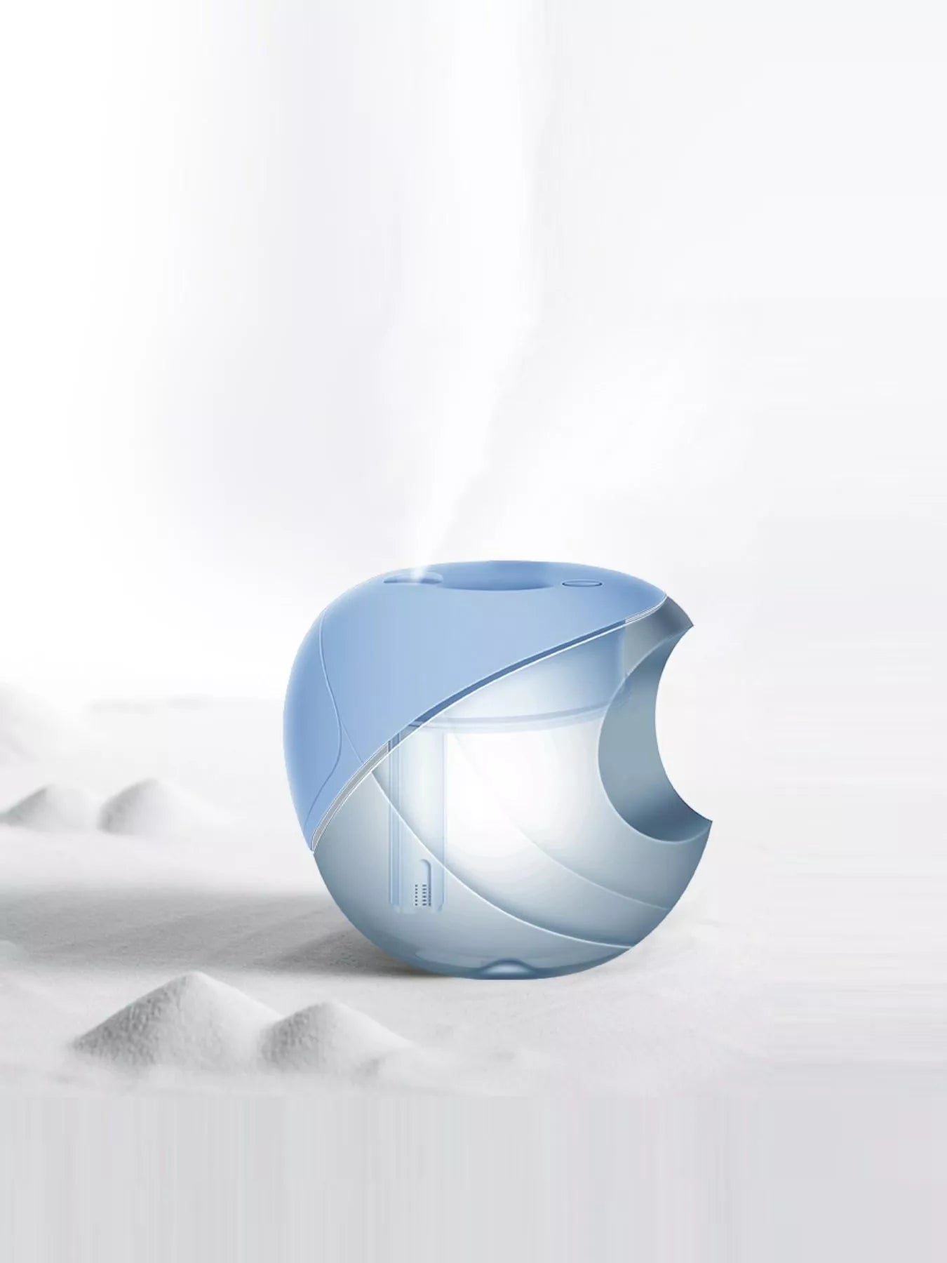Light blue apple-shaped humidifier releasing mist on a soft surface