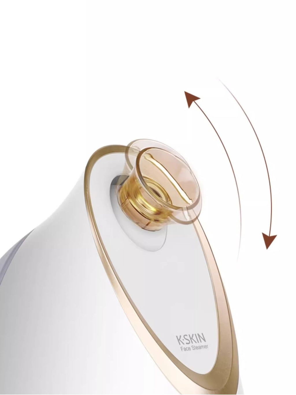 Close-up of white facial steamer nozzle with gold ring and airflow arrows