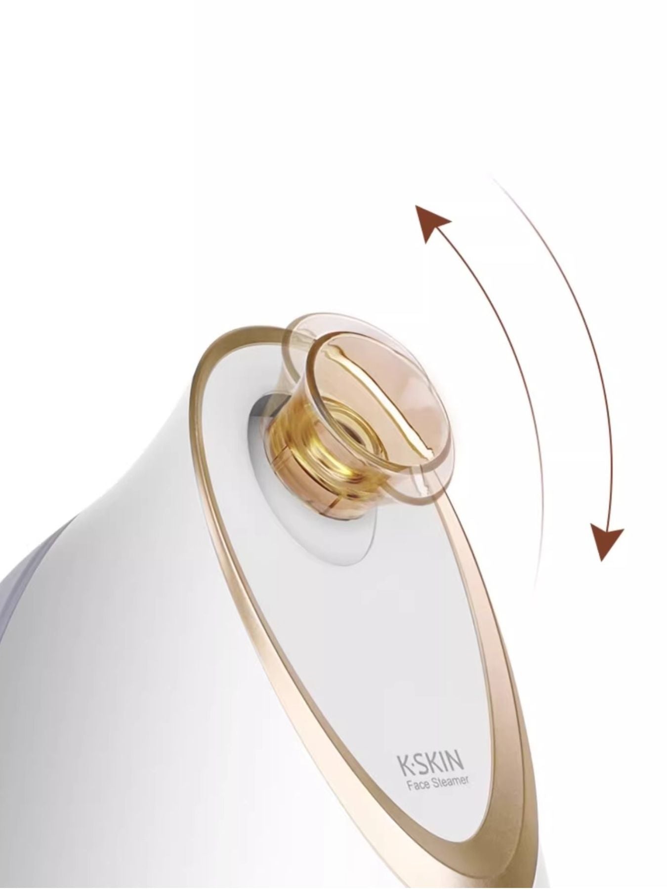 Close-up of white facial steamer nozzle with gold ring and airflow arrows