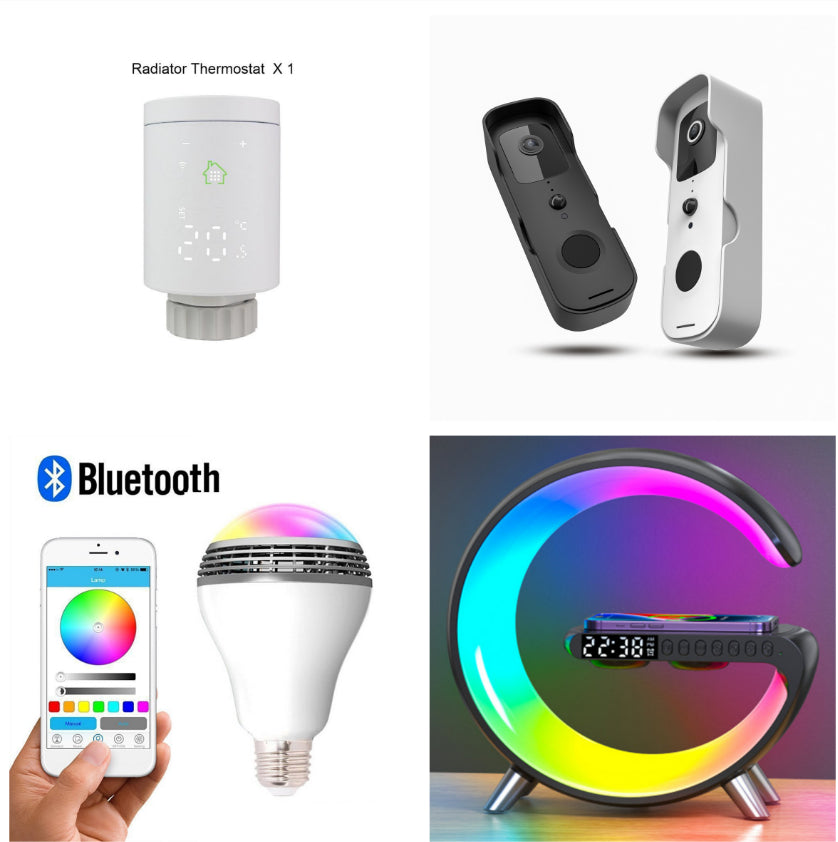 White LED bulb-style lamp with Bluetooth speaker grille and control features.