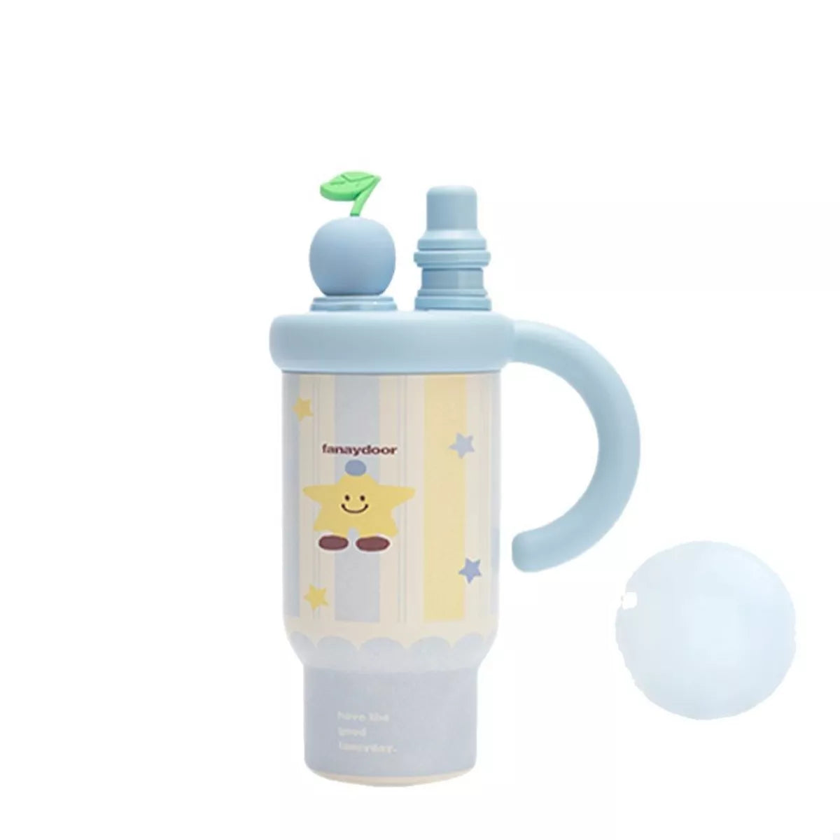 Light blue cartoon water bottle with straw, handle, and smiling star character