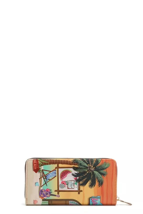 Sun and Sand long zip wallet angled view with colorful tropical print panels