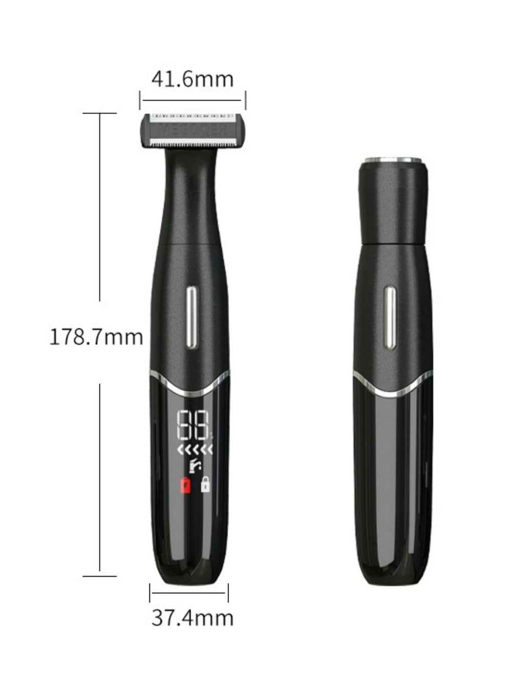 Black epilator size diagram, showing overall dimensions of two units