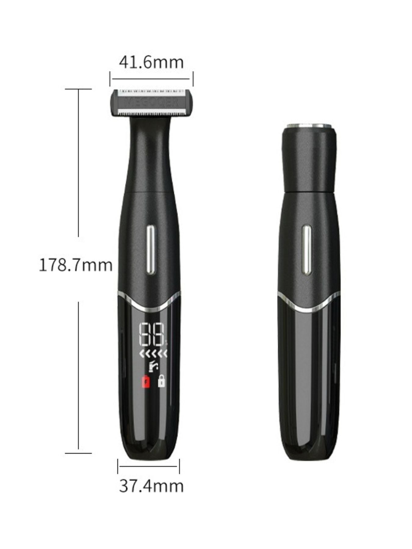 Black epilator size diagram, showing overall dimensions of two units