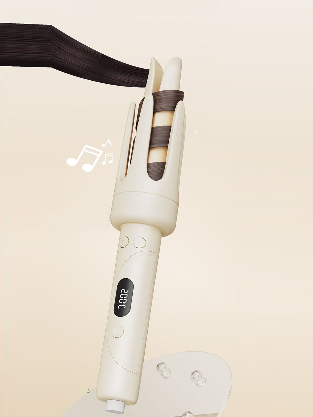 Beige automatic hair curling iron holding a dark hair strand between the barrels