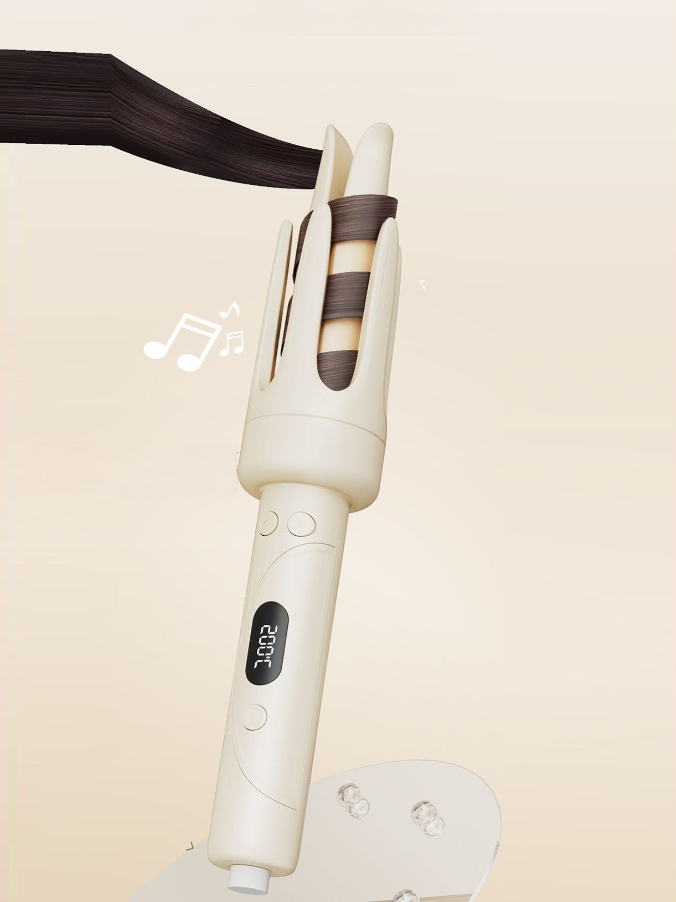 Beige automatic hair curling iron holding a dark hair strand between the barrels