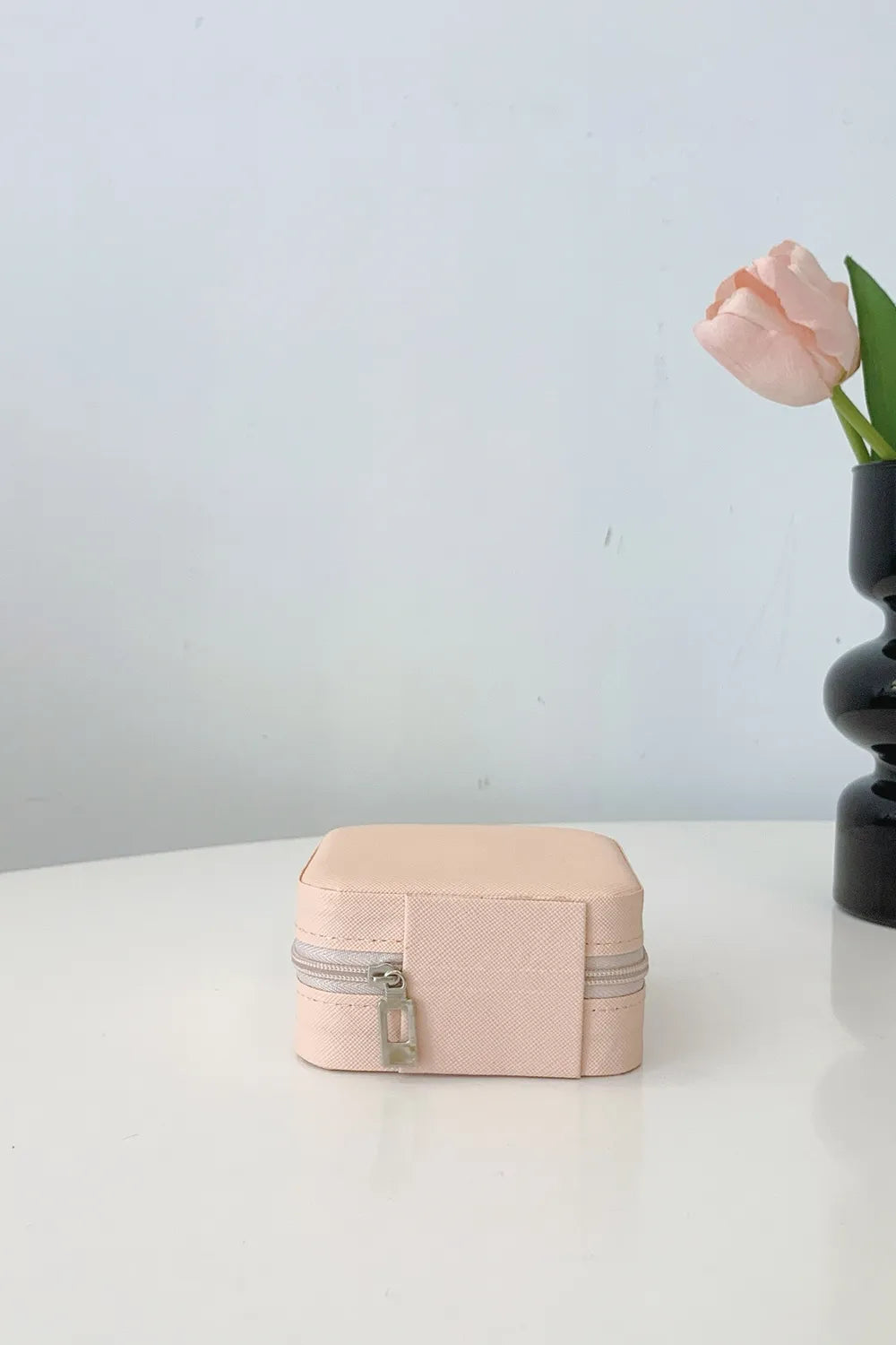 Blush pink PU leather square jewelry box with zip closure and top handle