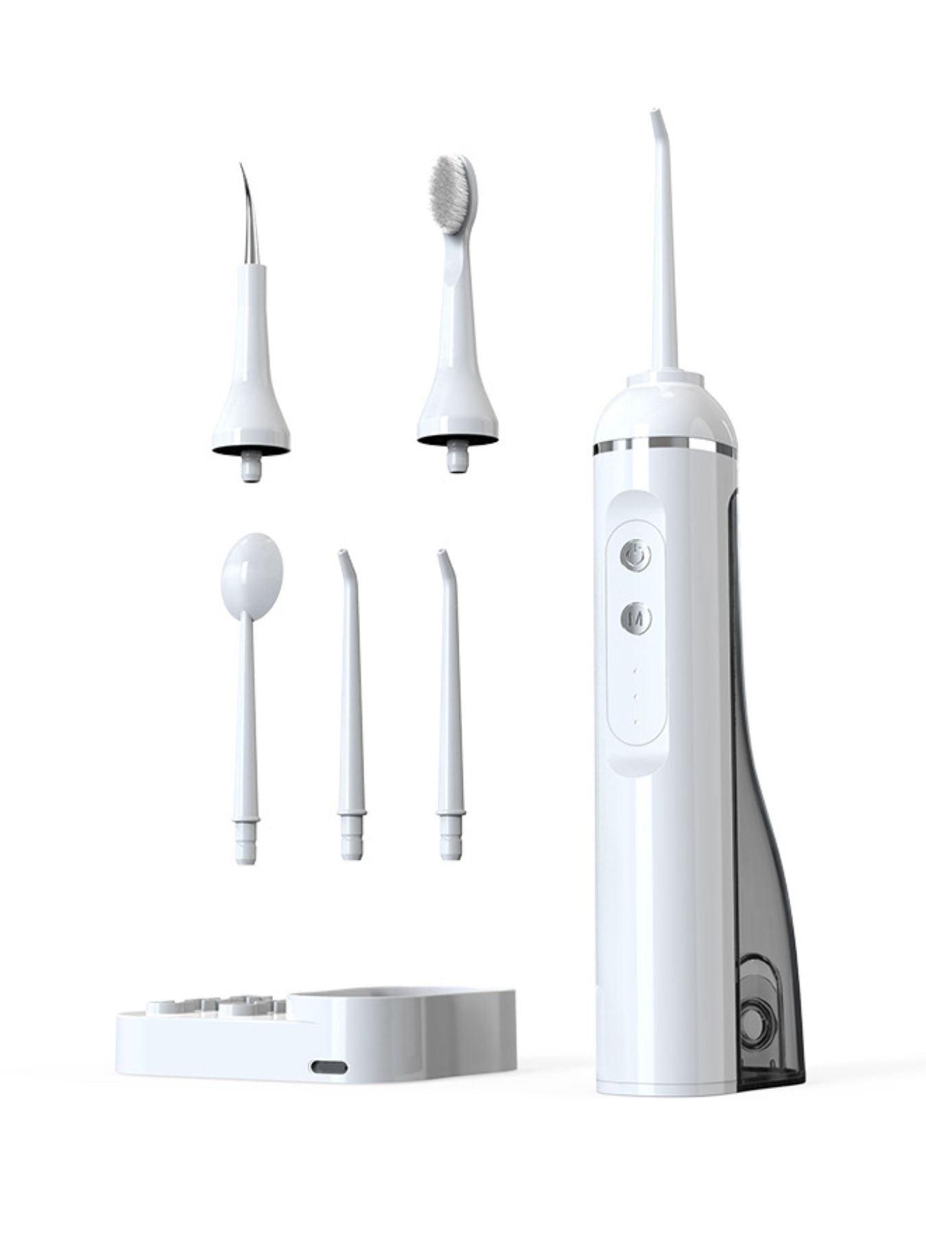 White portable water flosser with interchangeable nozzle heads