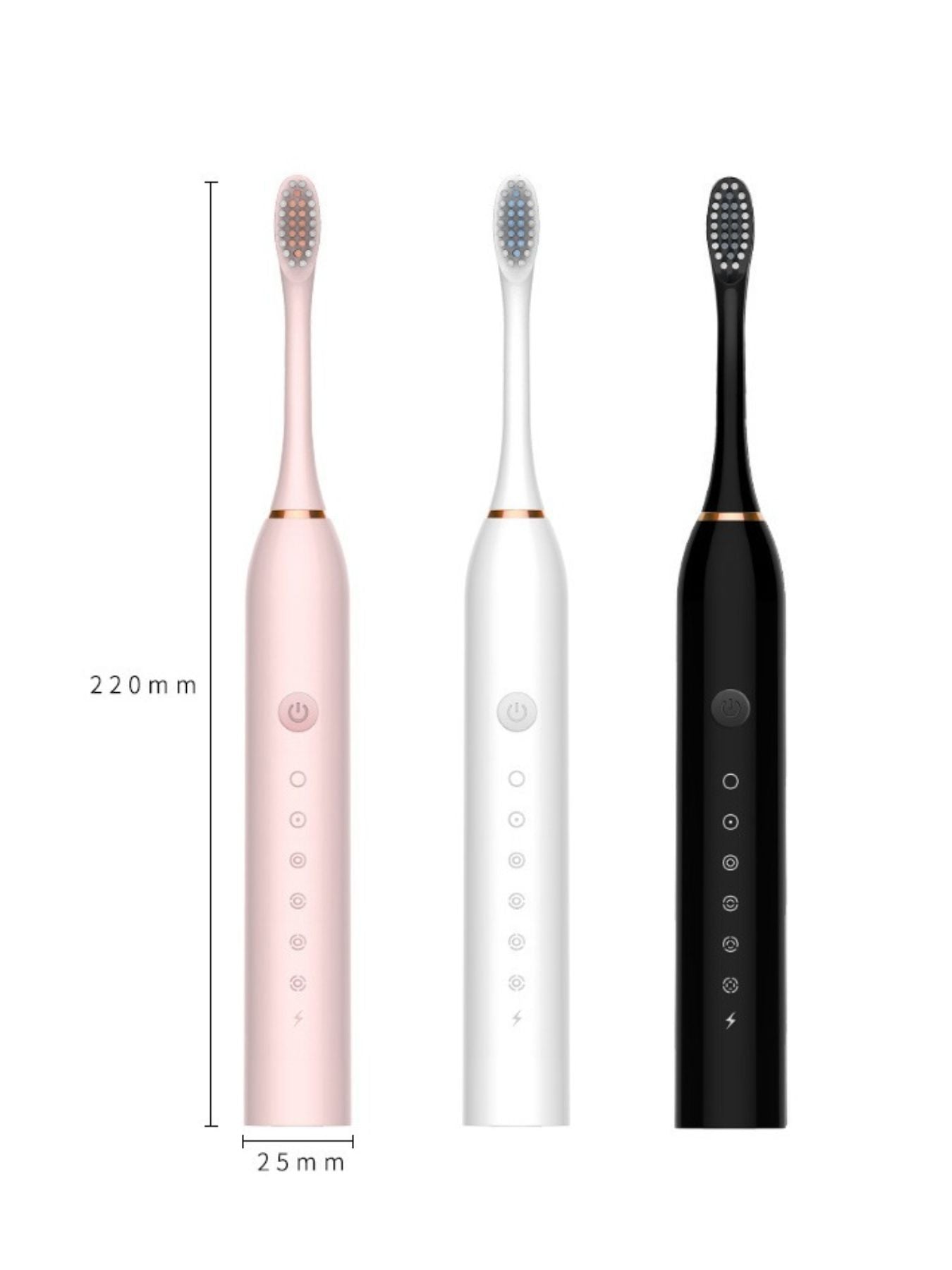 Electric toothbrushes (220 mm, 2.5 mm) in blush pink, white, and black