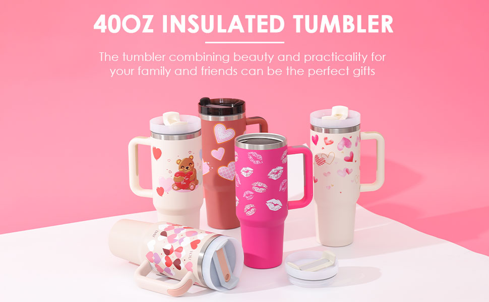 Set of 40 oz insulated tumblers with handles, straws, and heart-themed designs