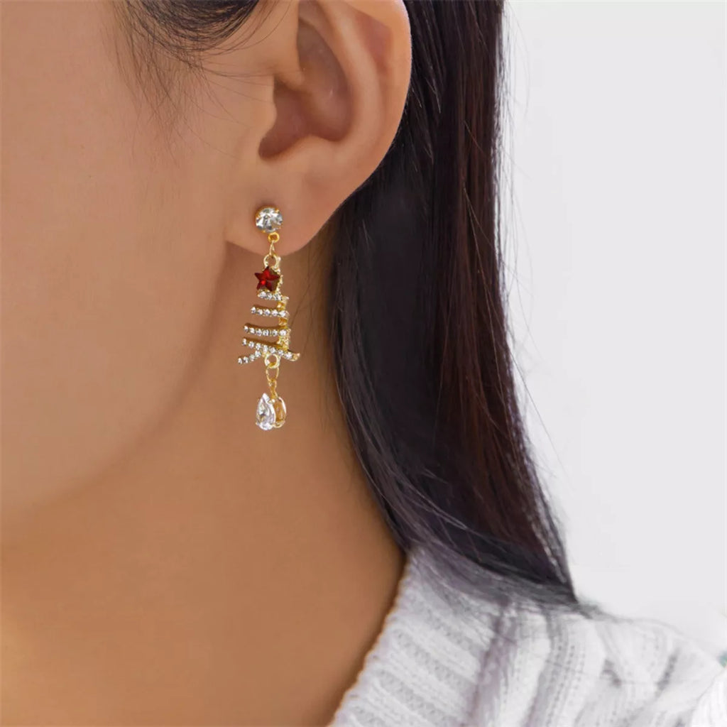 Gold-plated Christmas tree earrings with red star, rhinestone rows, and clear teardrop drops