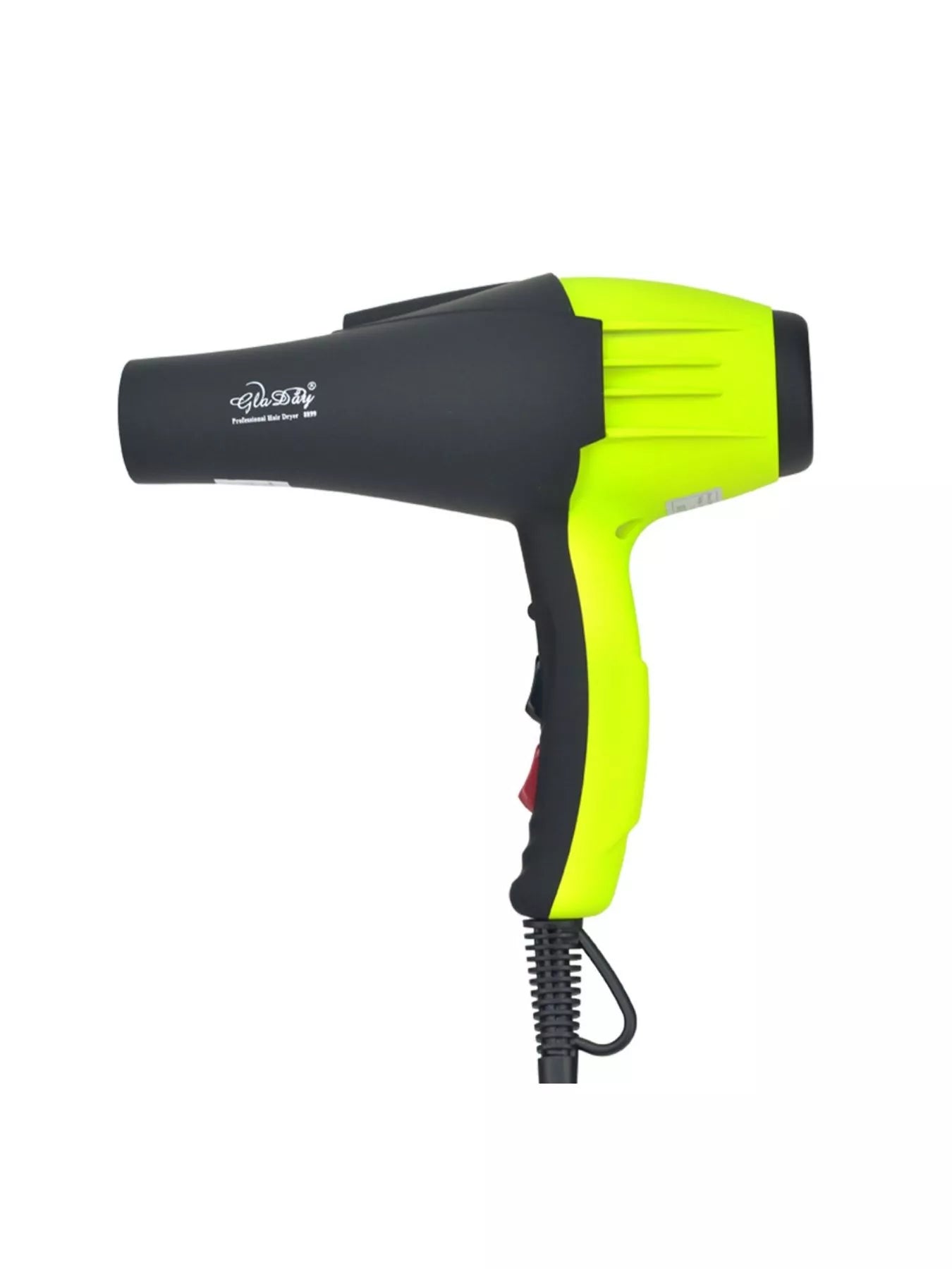 Neon green multi-speed hair dryer with black nozzle housing and red control switch