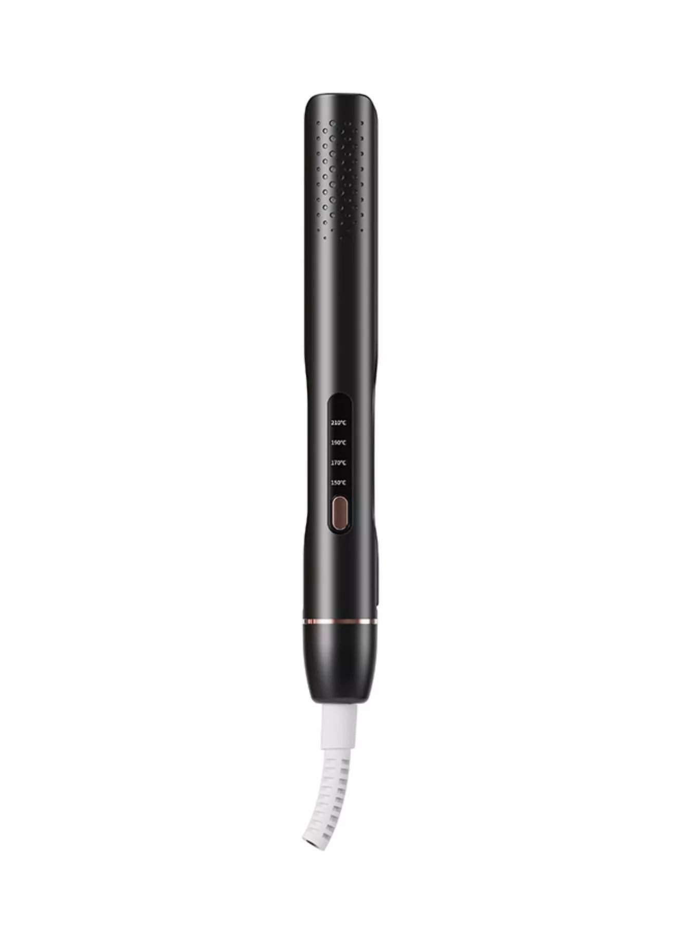 Black adjustable temperature hair straightener with vented barrel and temperature display