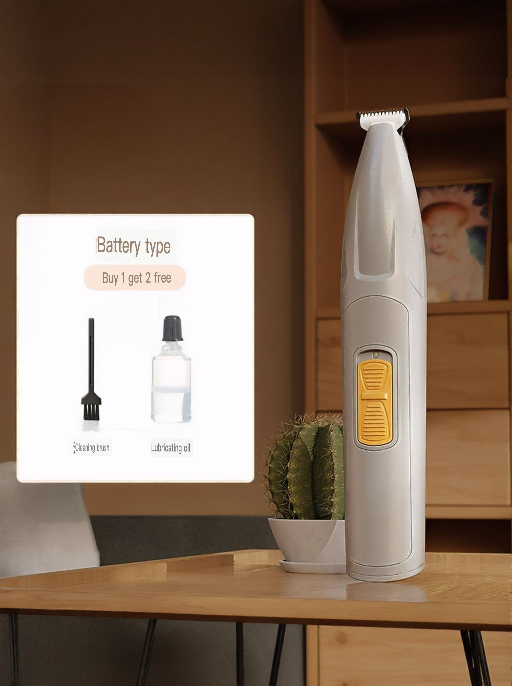 Battery powered pet paw trimmer in white/cream, upright on table