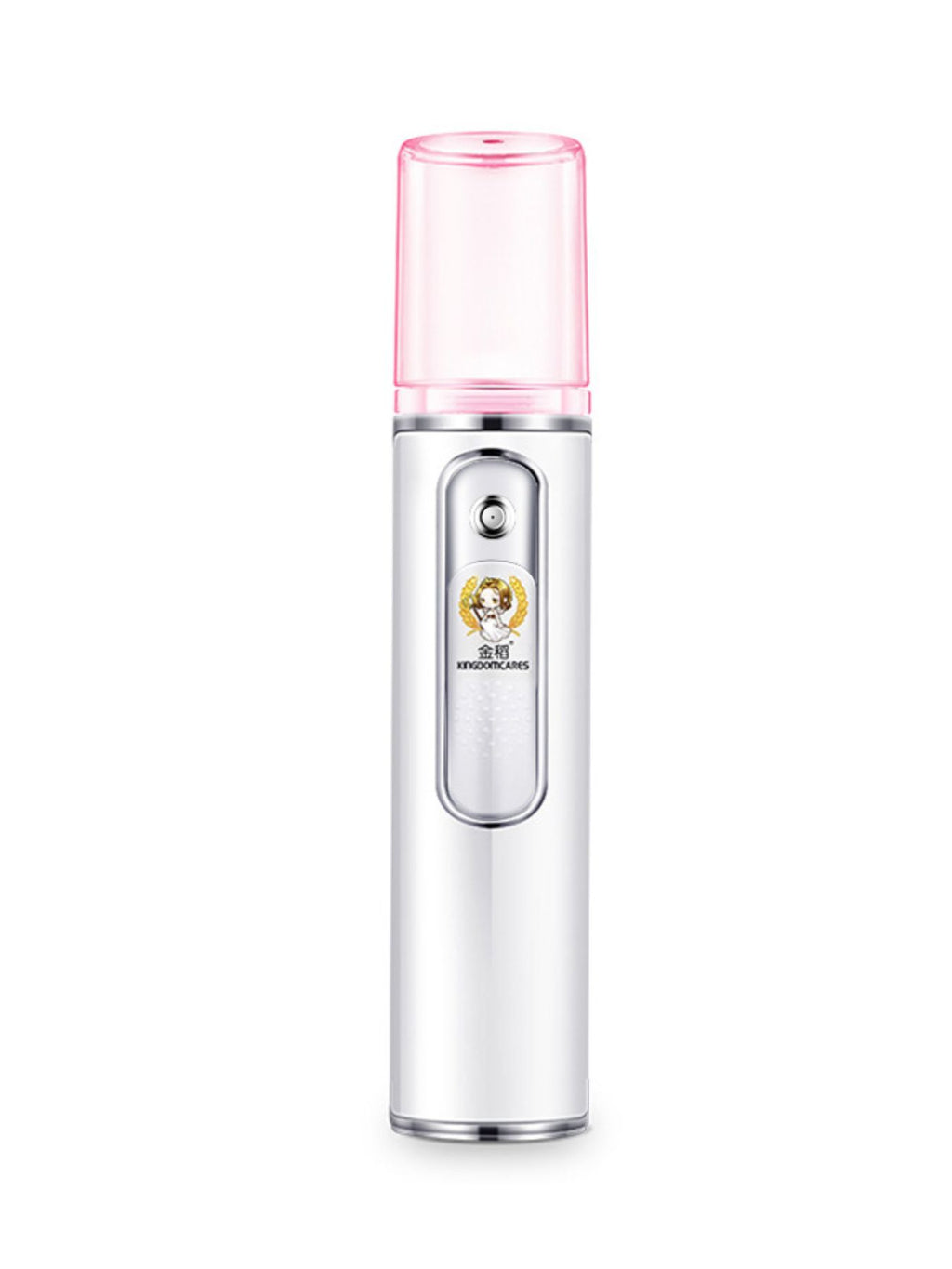 Facial mister sprayer front view with pink nozzle cap and decorative window