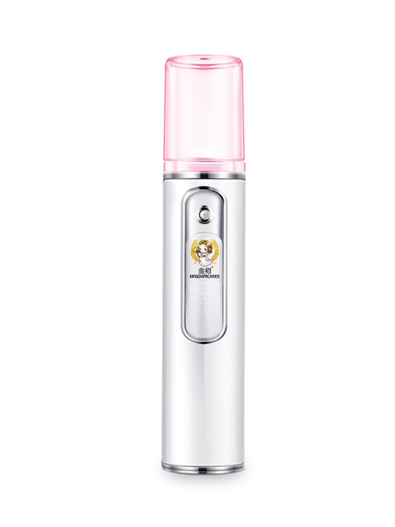Facial mister sprayer front view with pink nozzle cap and decorative window