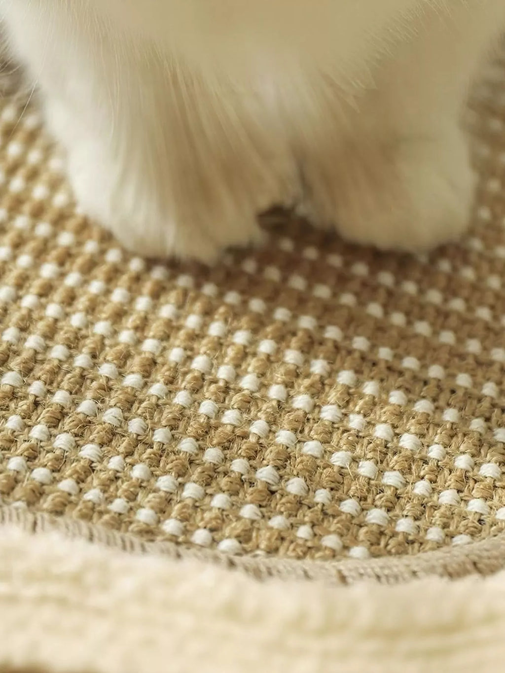 Close-up of beige woven sisal scratching surface with plush border