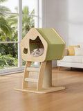 Wooden cat condo with green house and scratching post; cat inside the enclosed entry