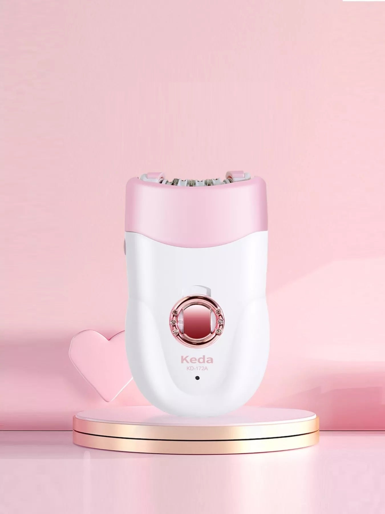 Portable electric clip hair remover, white body with pink top and rose-gold center ring