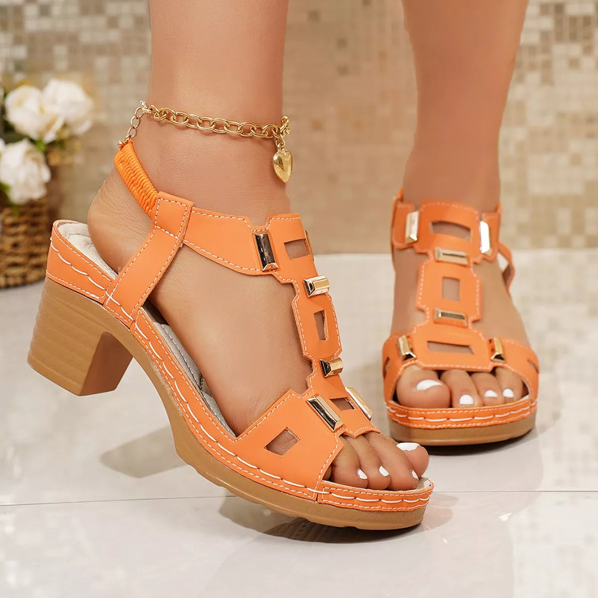 Open-toe block heel sandals, orange with crisscross straps and sturdy block heel