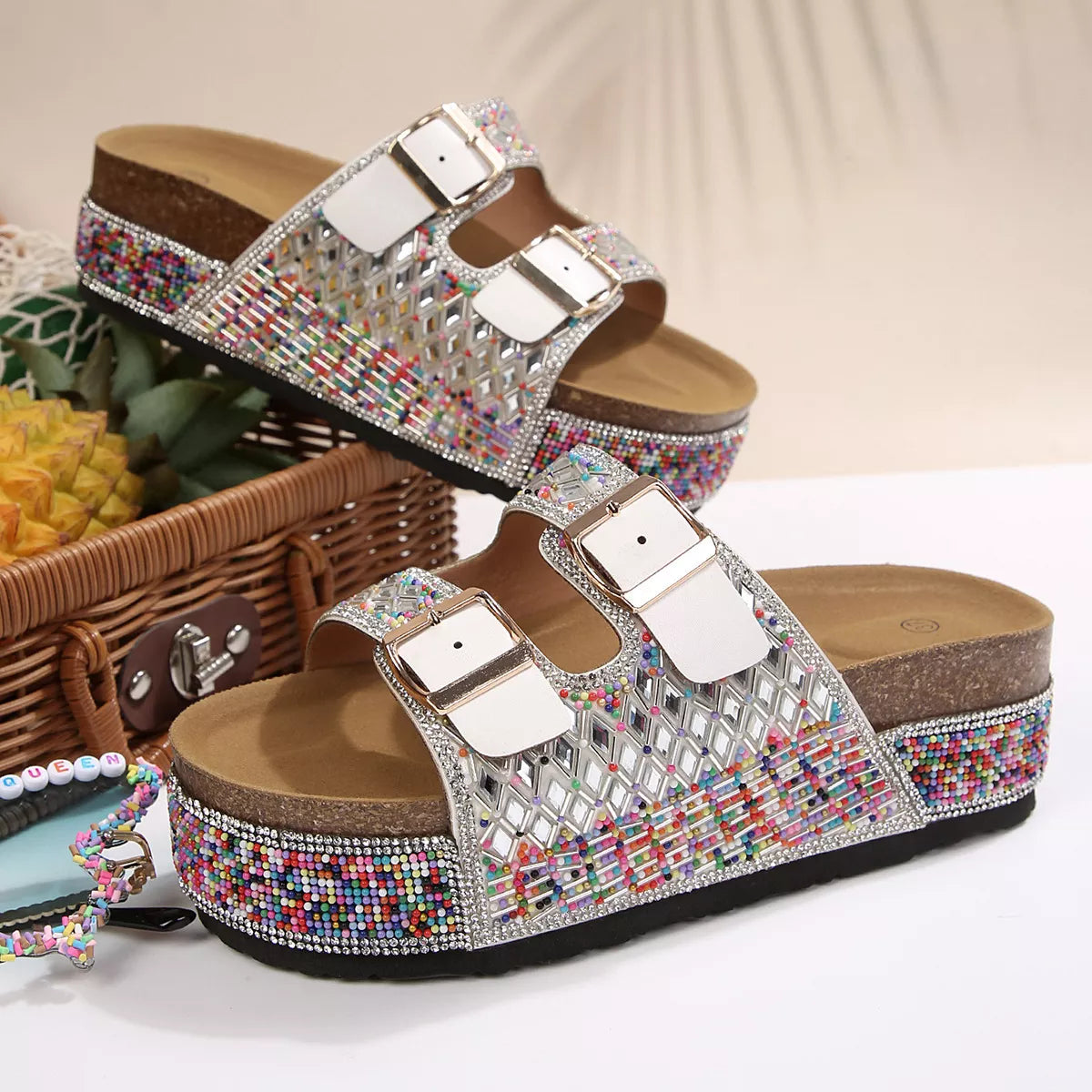 Rhinestone double buckle slide sandals with open toe, multicolor grid and platform base