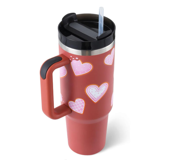 40 oz insulated tumbler with handle, straw & lid in red with heart graphics
