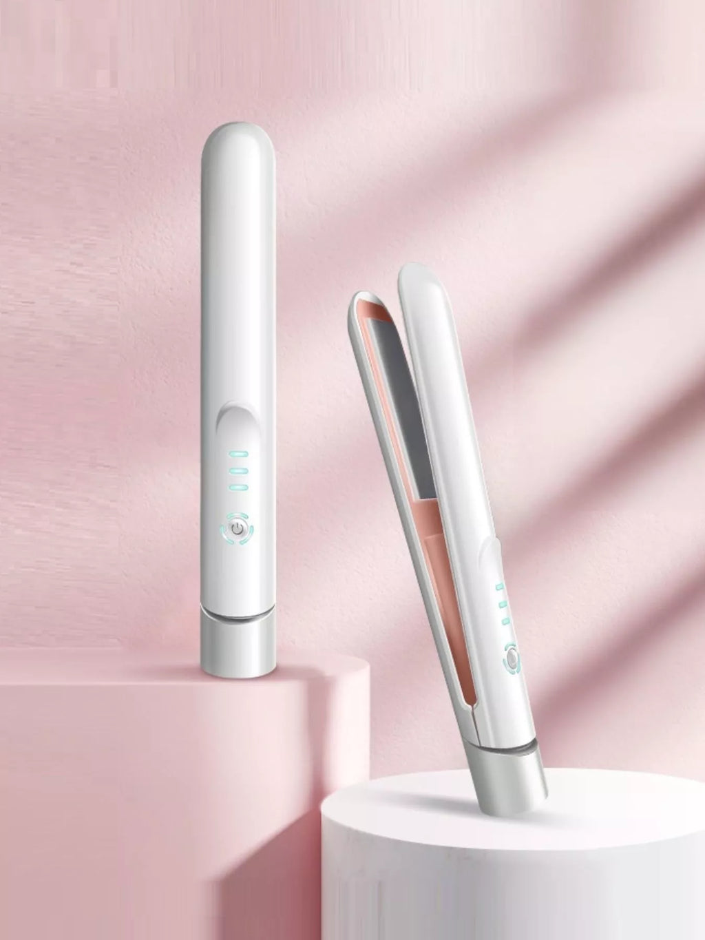 Portable cordless hair straightener, white body with LED controls